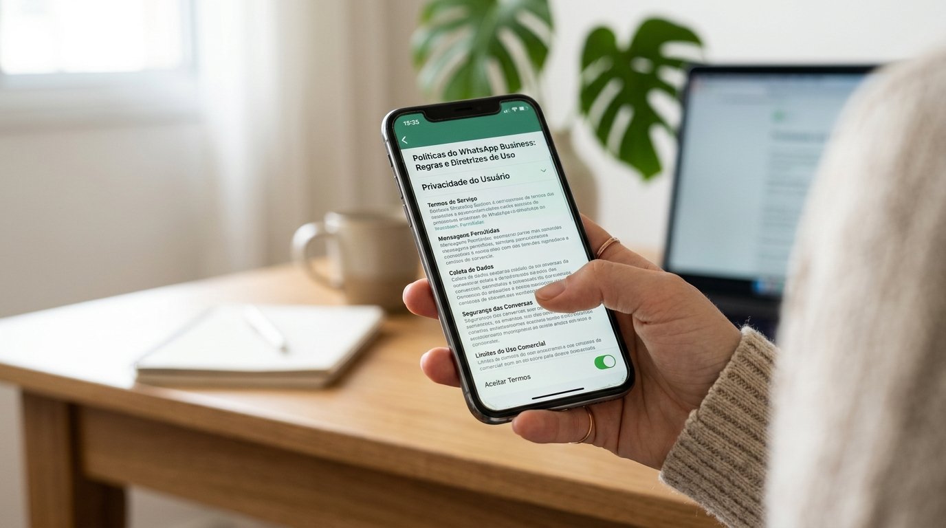 Tela de smartphone exibindo as políticas de uso e privacidade de um aplicativo.