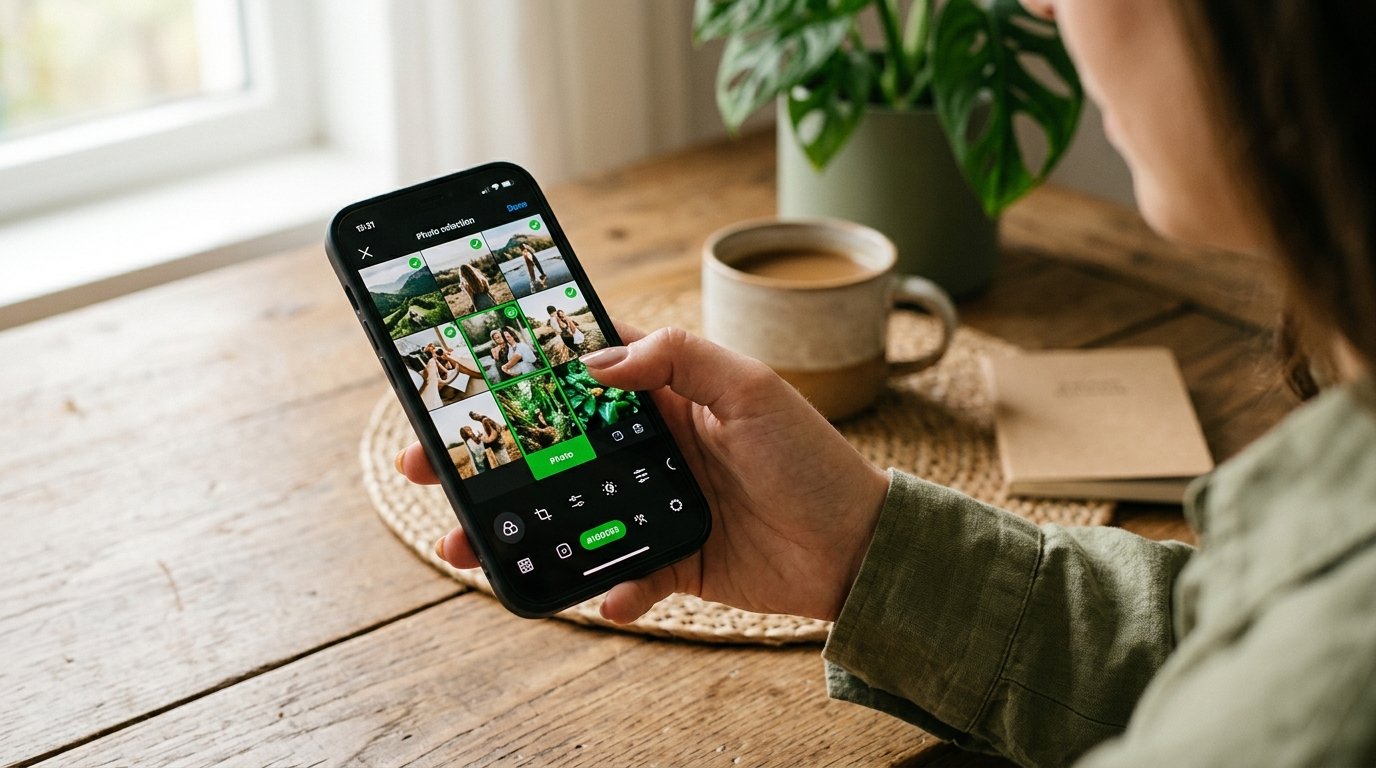 Tela de smartphone exibindo o processo de edição e seleção de fotos para uma publicação.