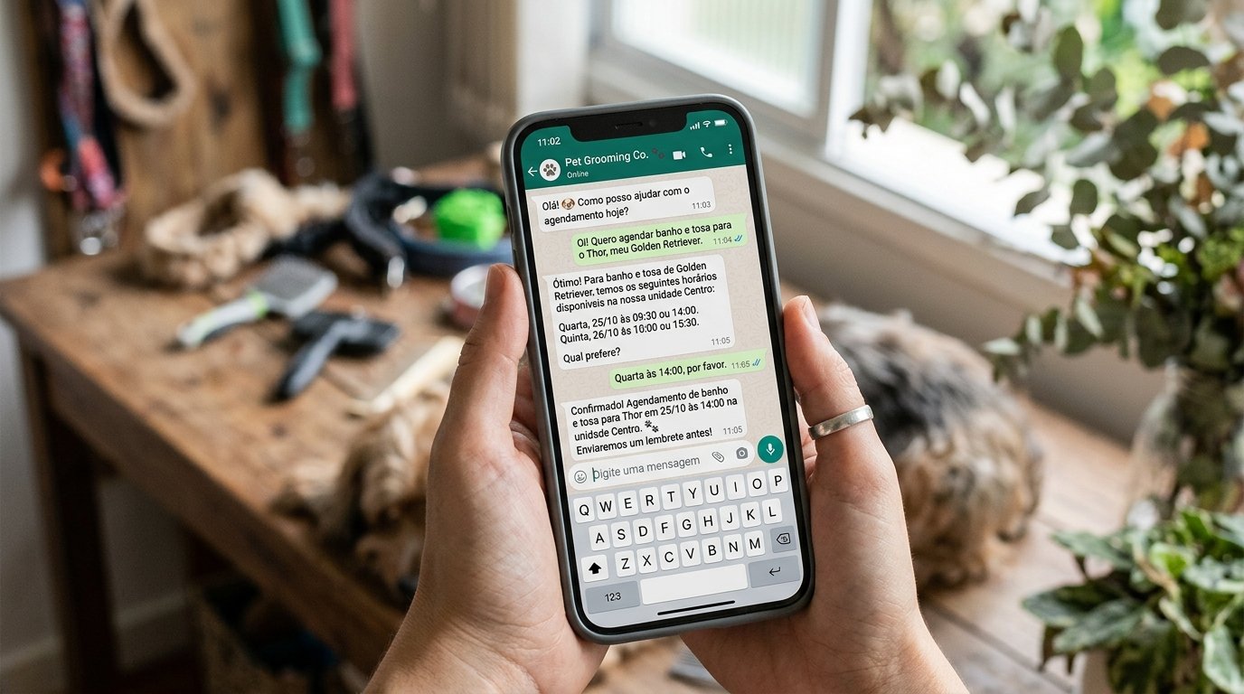 Tela de smartphone exibindo uma conversa no WhatsApp para agendamento de banho e tosa