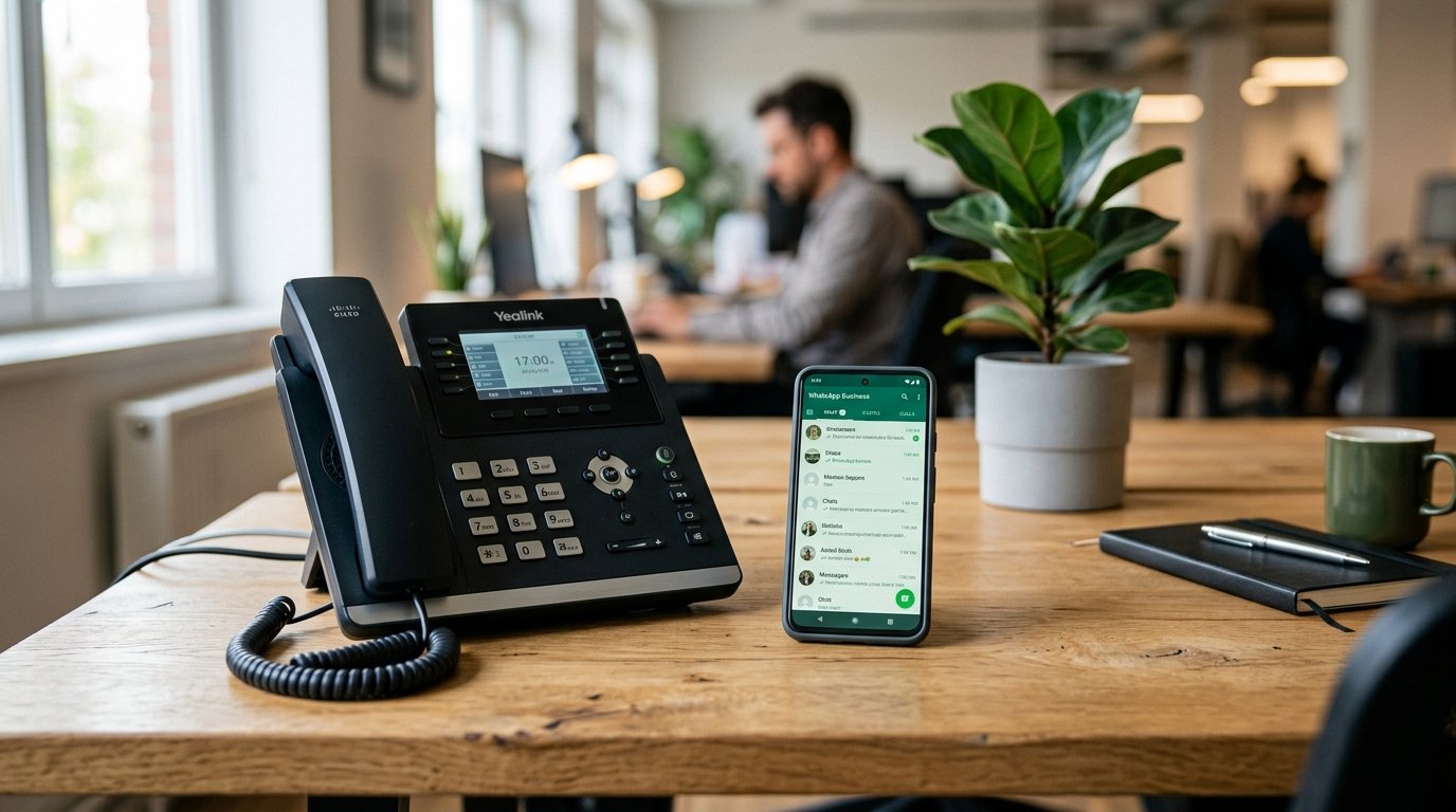 Telefone corporativo e smartphone sobre uma mesa de escritório.