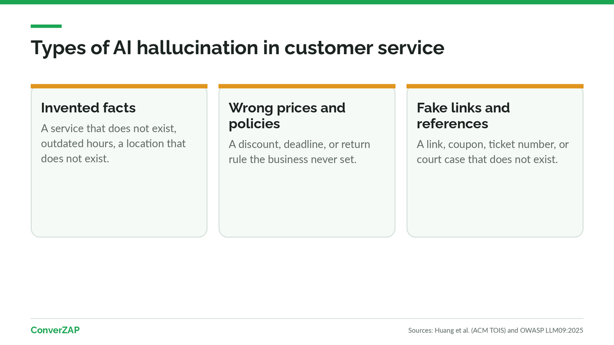 Types of AI hallucination in customer service: invented facts, wrong prices and policies, and fake links and references