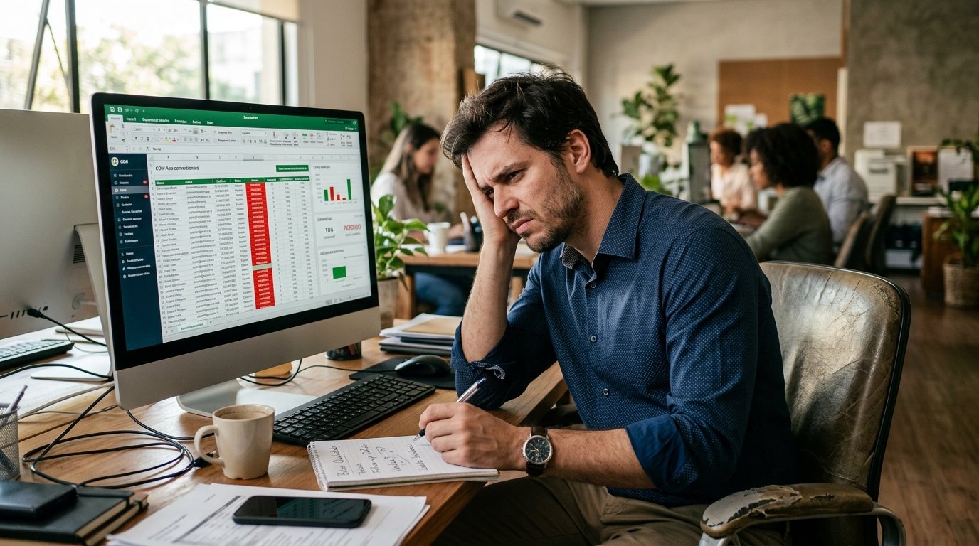 Vendedor frustrado analisando dados em um computador