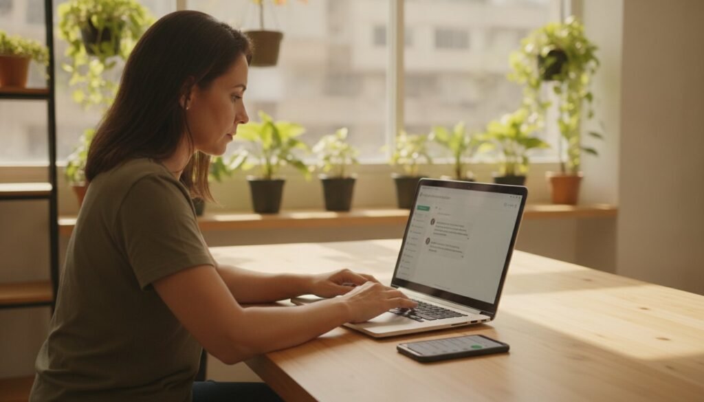 Empresária usando um assistente de IA no notebook para cuidar das conversas do WhatsApp