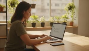 Empresária usando um assistente de IA no notebook para cuidar das conversas do WhatsApp